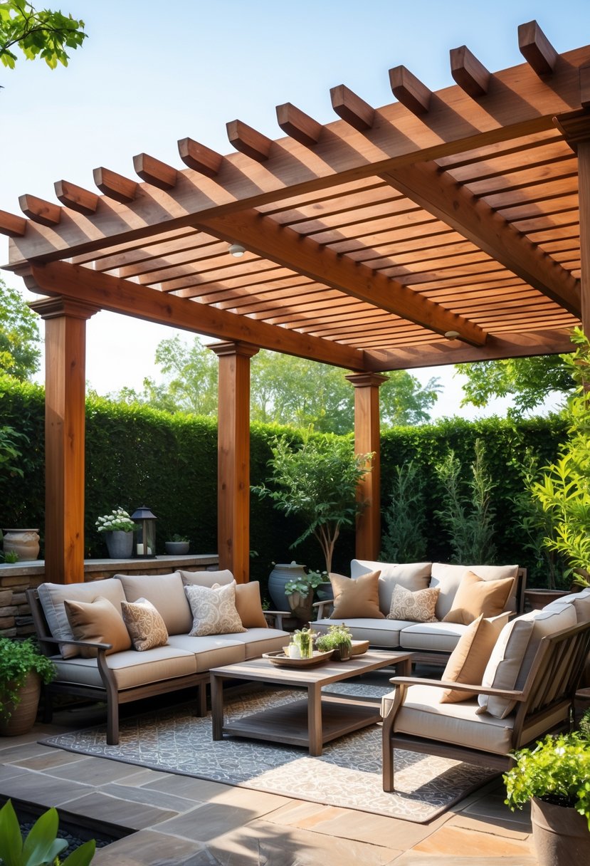 An outdoor patio area with a wooden pergola shading cushioned seating and a coffee table surrounded by plants.