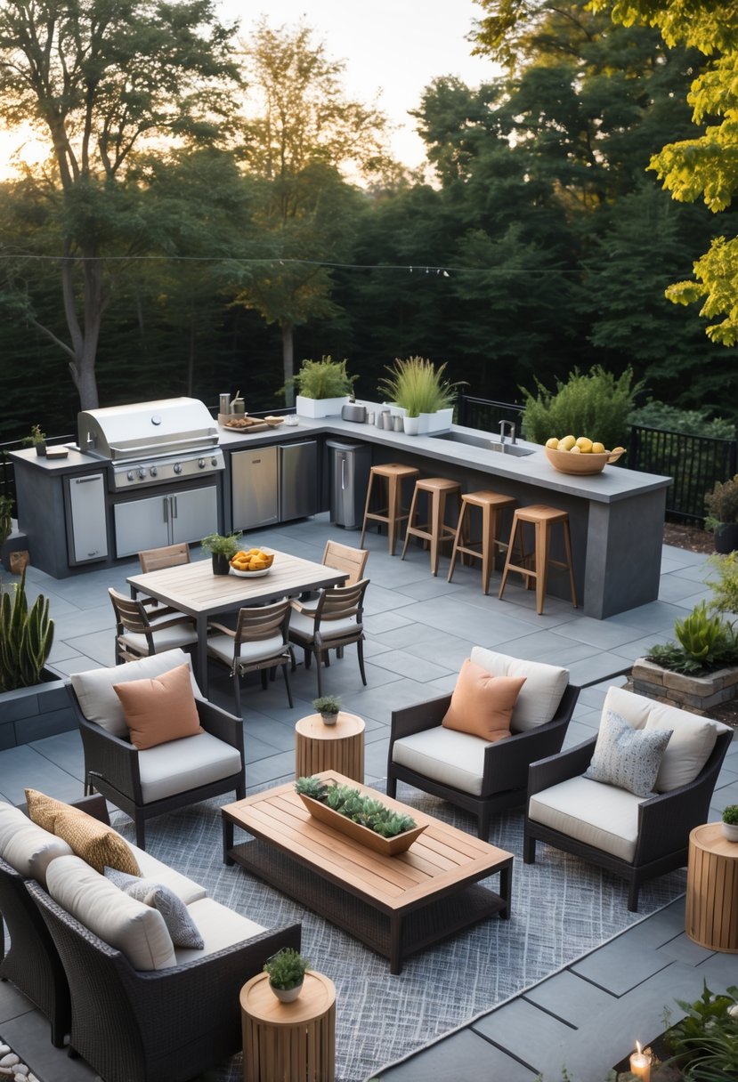 Outdoor kitchen with grill and stone countertop surrounded by various patio furniture on a spacious deck with plants in the background.