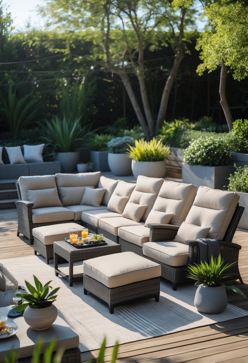 Outdoor patio with a lounge set featuring adjustable recliners surrounded by plants and a garden.
