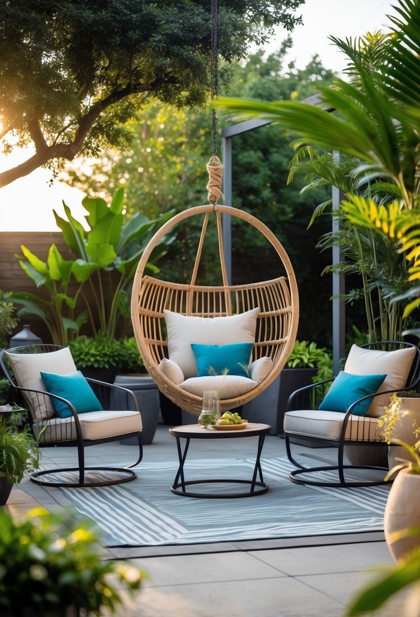 Outdoor patio with a swing chair or hammock surrounded by patio furniture and plants.