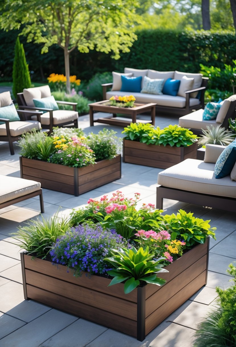 Outdoor patio with planter boxes separating multiple seating areas furnished with chairs and tables surrounded by plants and greenery.