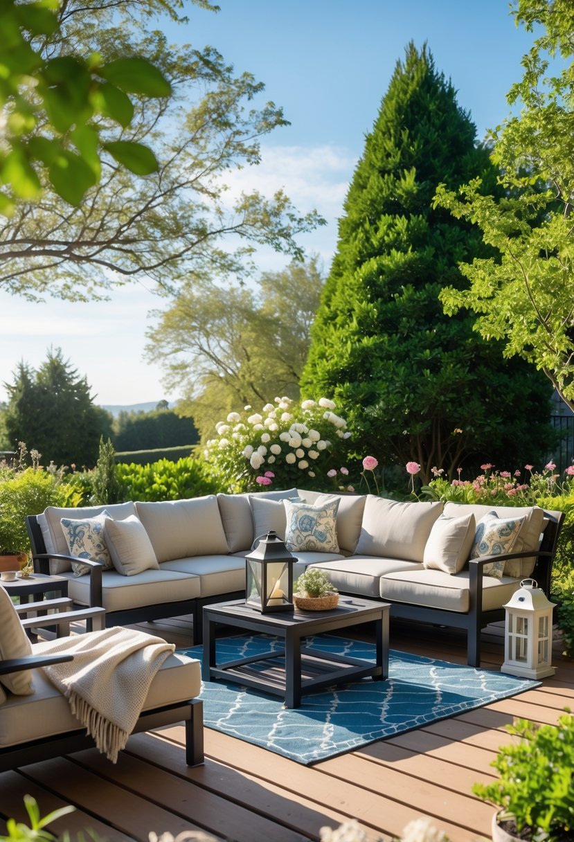 An outdoor patio with a wooden deck featuring a sofa and chairs with weather-resistant cushions surrounded by plants and trees.