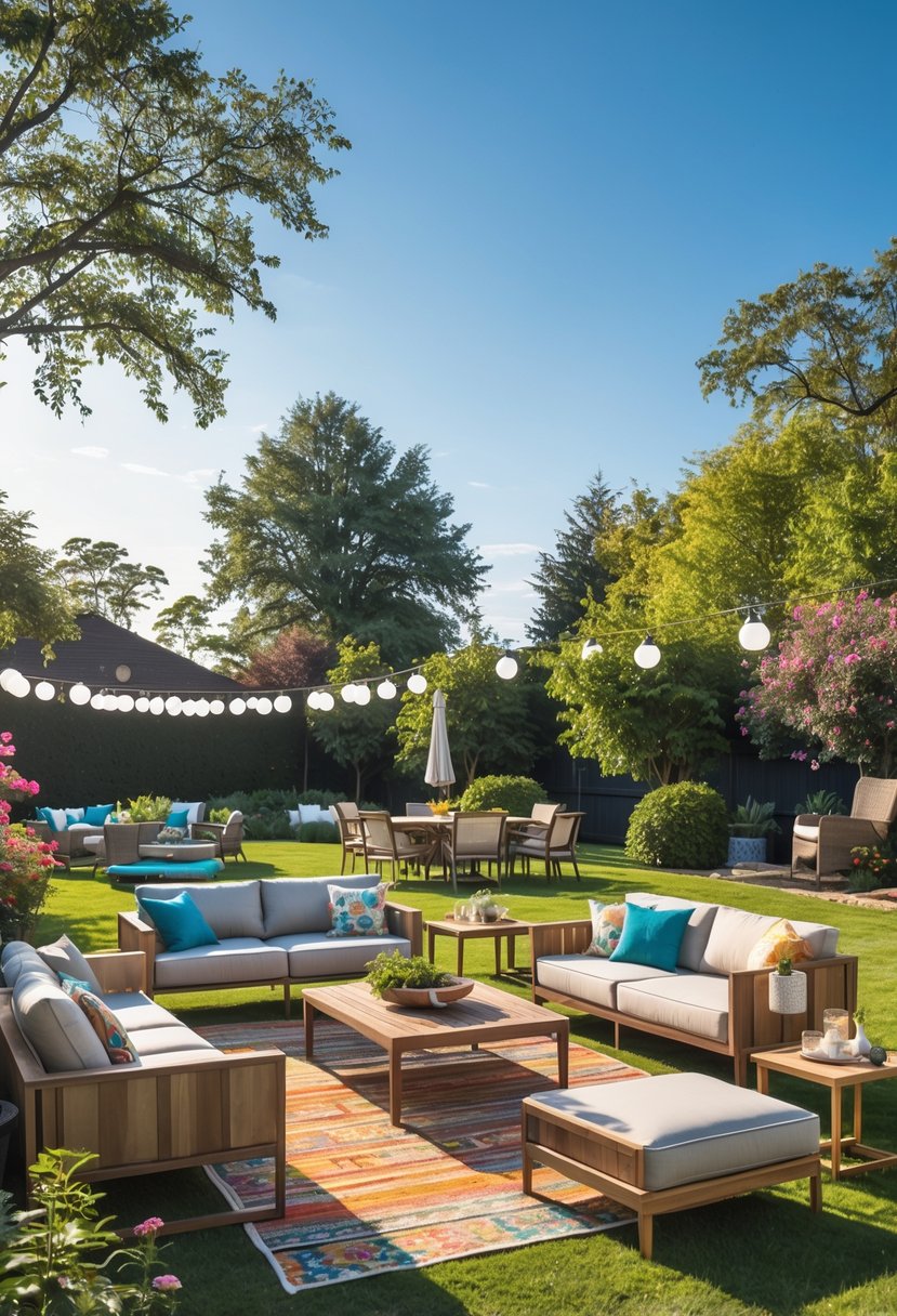A sunny backyard patio with various seating areas including sofas, dining tables, and lounge chairs surrounded by greenery and flowers.