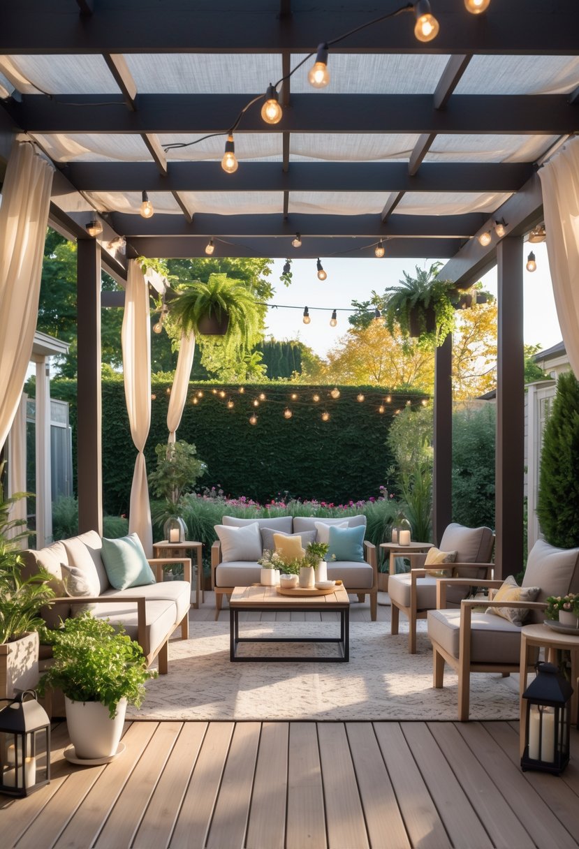 A covered outdoor patio with comfortable seating, a dining table, plants, and string lights under a pergola surrounded by a garden.