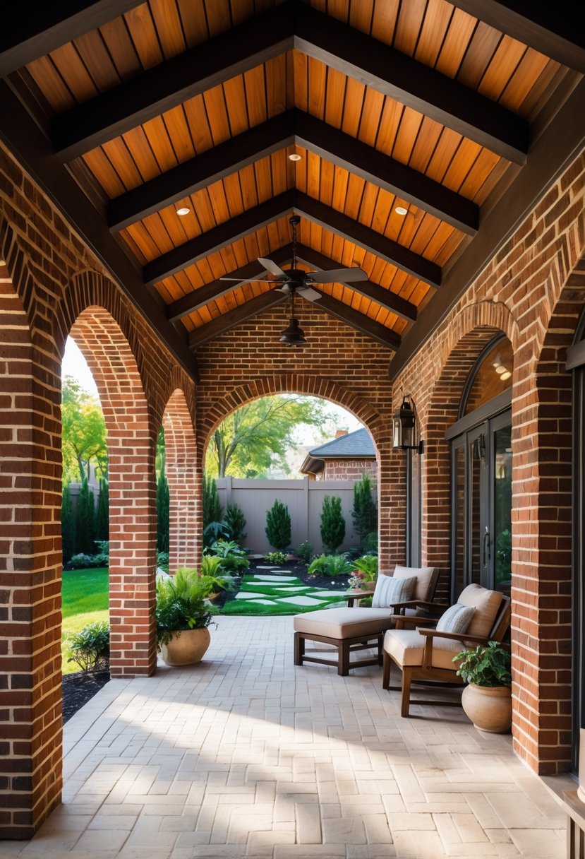 Outdoor patio with brick archways and a vaulted wood ceiling, furnished with chairs and a table, surrounded by plants.