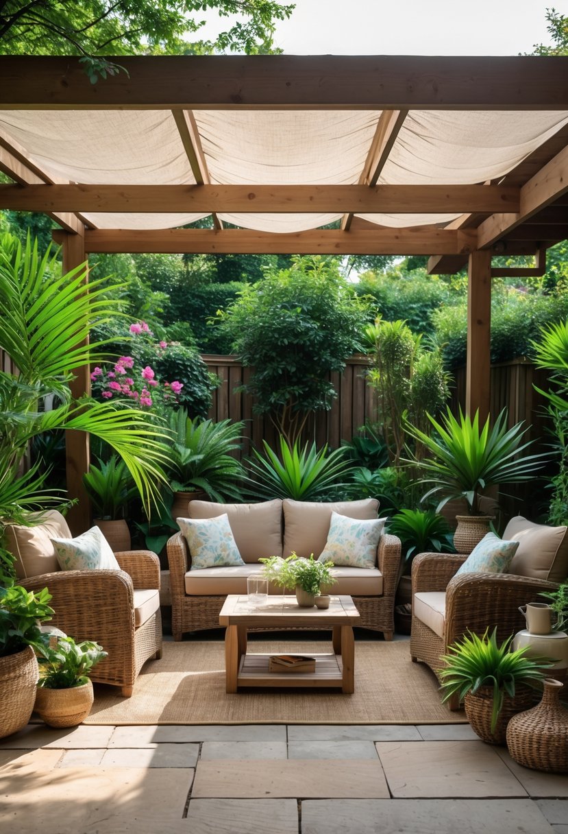 Covered outdoor patio with wicker furniture and green plants arranged around a seating area under a wooden pergola.