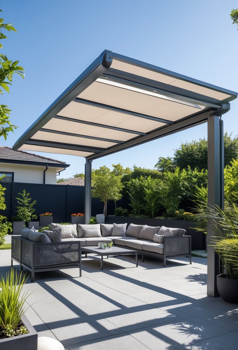 Outdoor patio with an aluminum pergola and retractable canopy, furnished with comfortable seating and surrounded by plants.