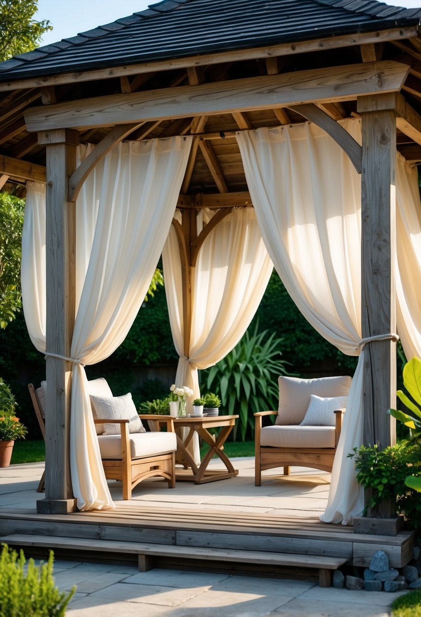 A rustic wooden gazebo with draped curtains on a covered outdoor patio surrounded by greenery.