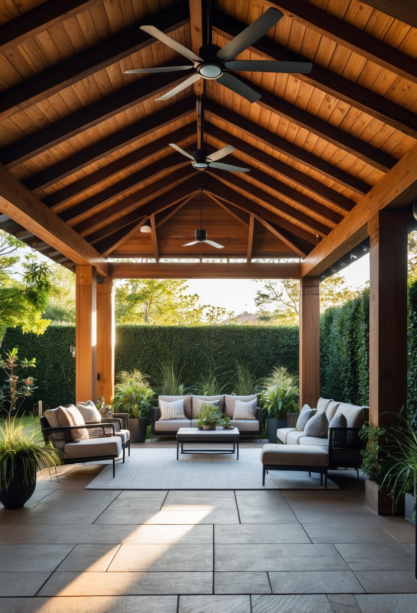 A covered outdoor patio with exposed wooden beams, ceiling fans, seating, and plants.