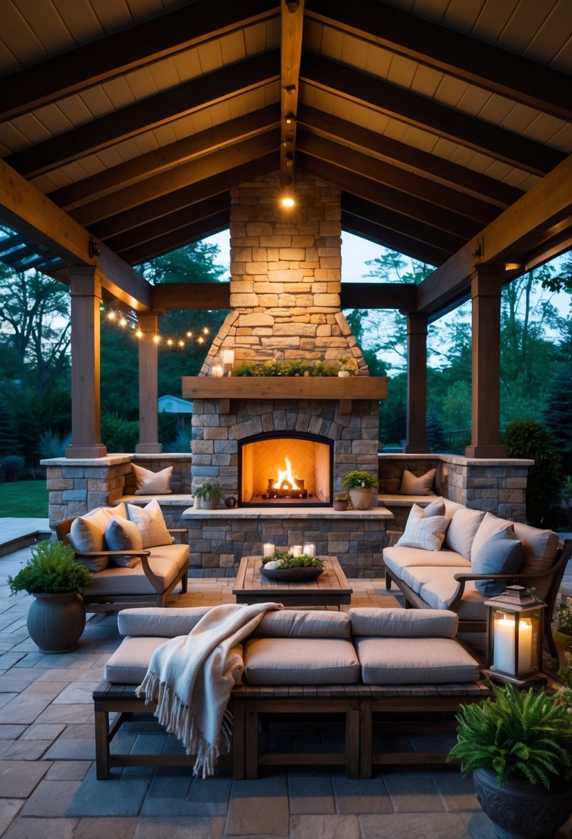 Outdoor patio with a stone fireplace and stone seating area under a covered roof, surrounded by plants and soft lighting.