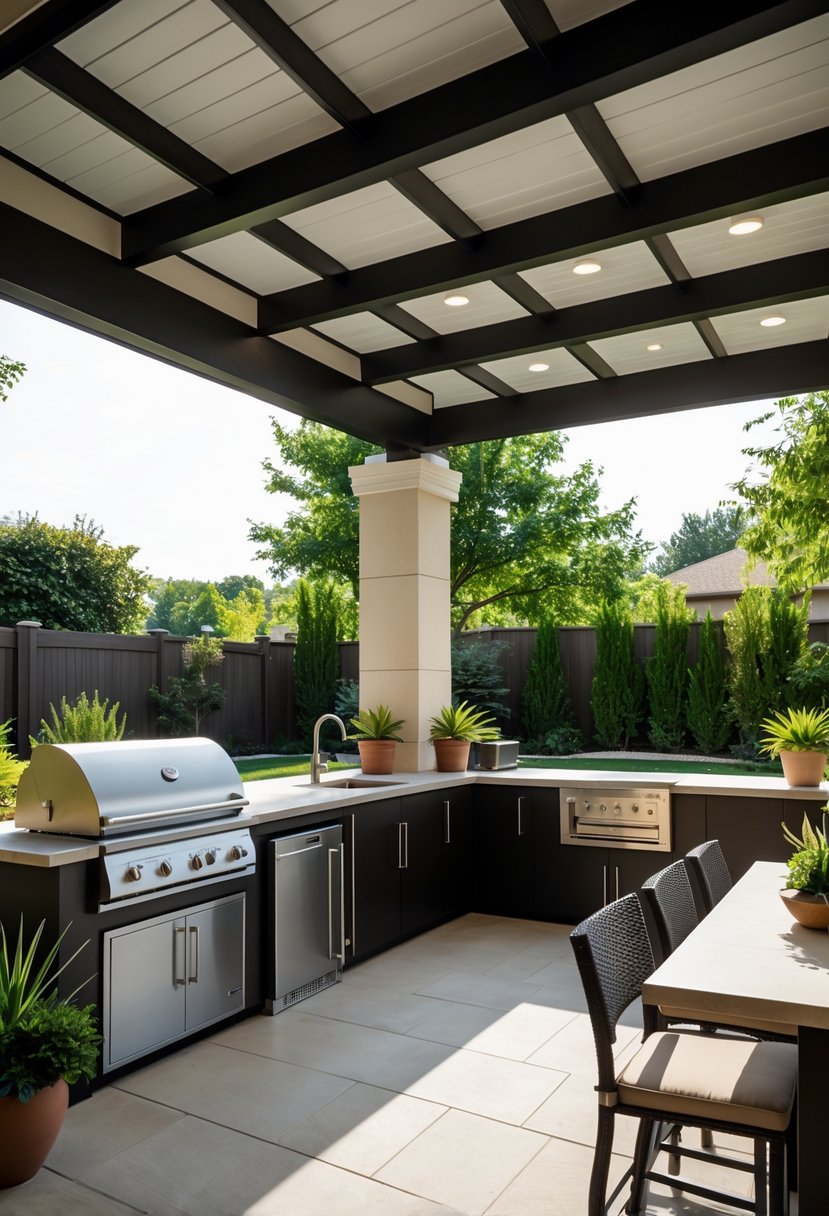 Outdoor kitchen and bar area under a covered patio with seating and greenery in the background.