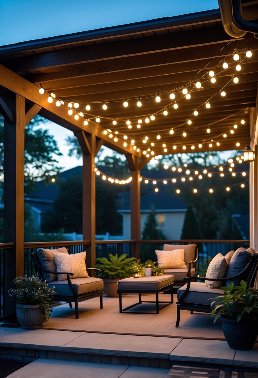 A covered outdoor patio with string lights hanging from the ceiling, comfortable seating, and plants, illuminated in the early evening.