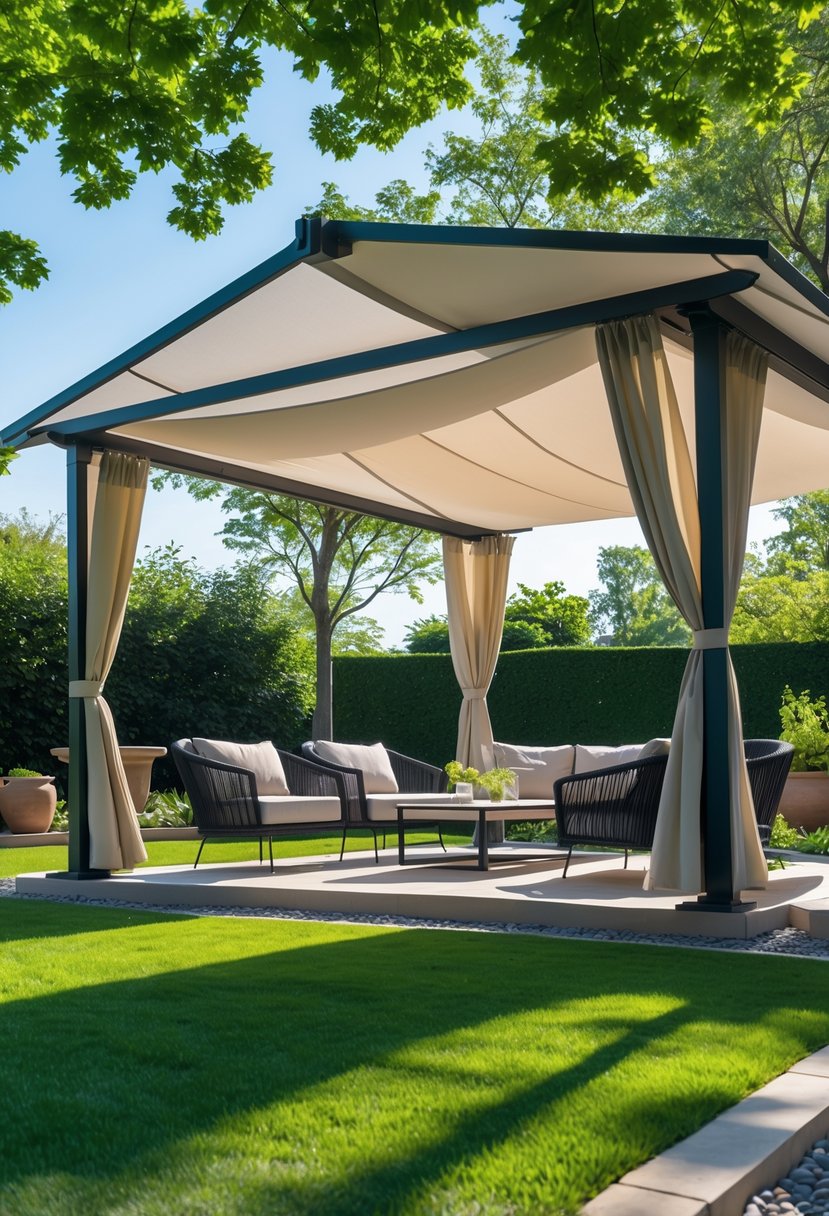 Freestanding pavilion with a fabric canopy covering an outdoor patio with seating surrounded by greenery.