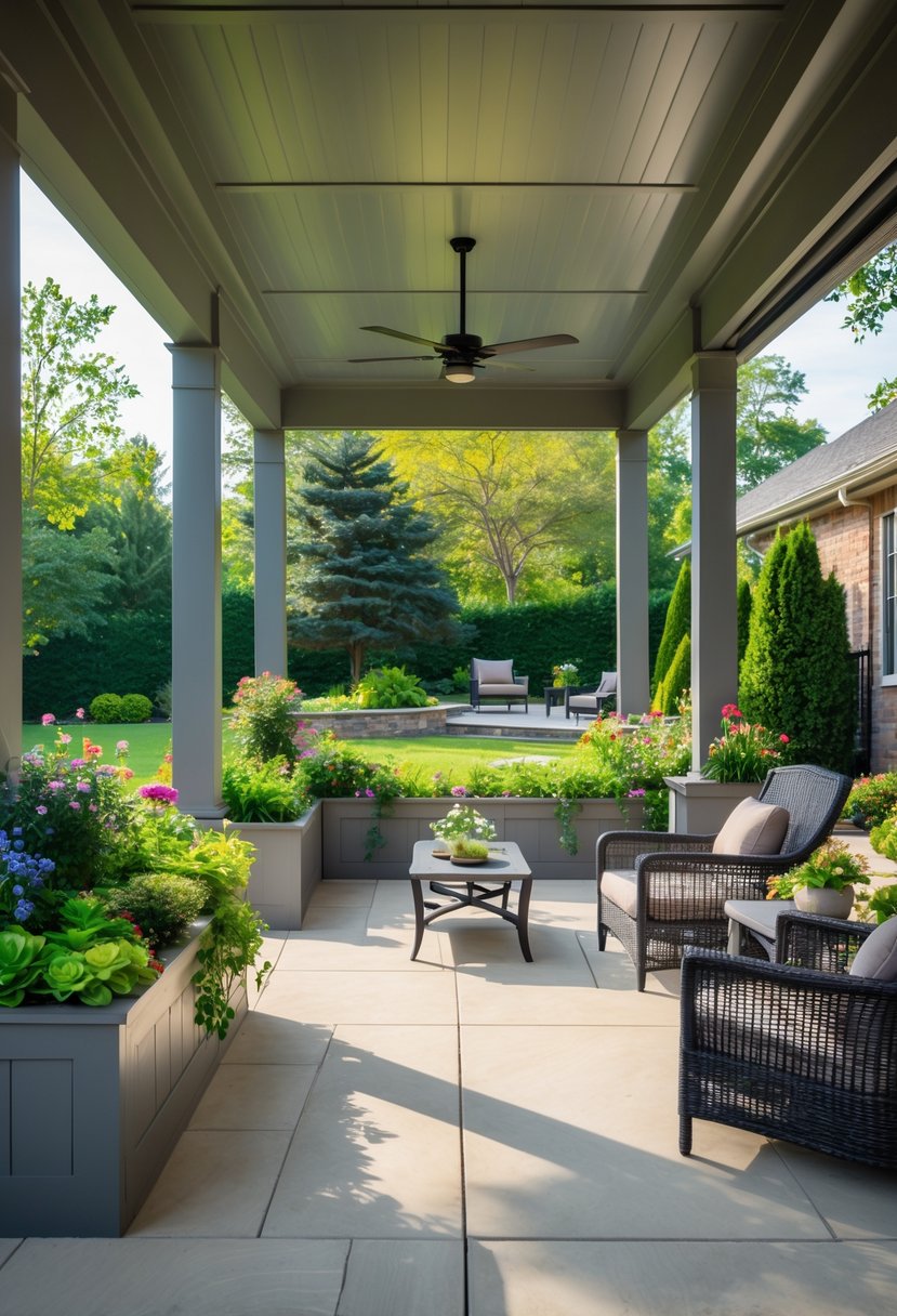 A covered outdoor patio with built-in planter boxes filled with plants, comfortable seating, and a garden visible in the background.