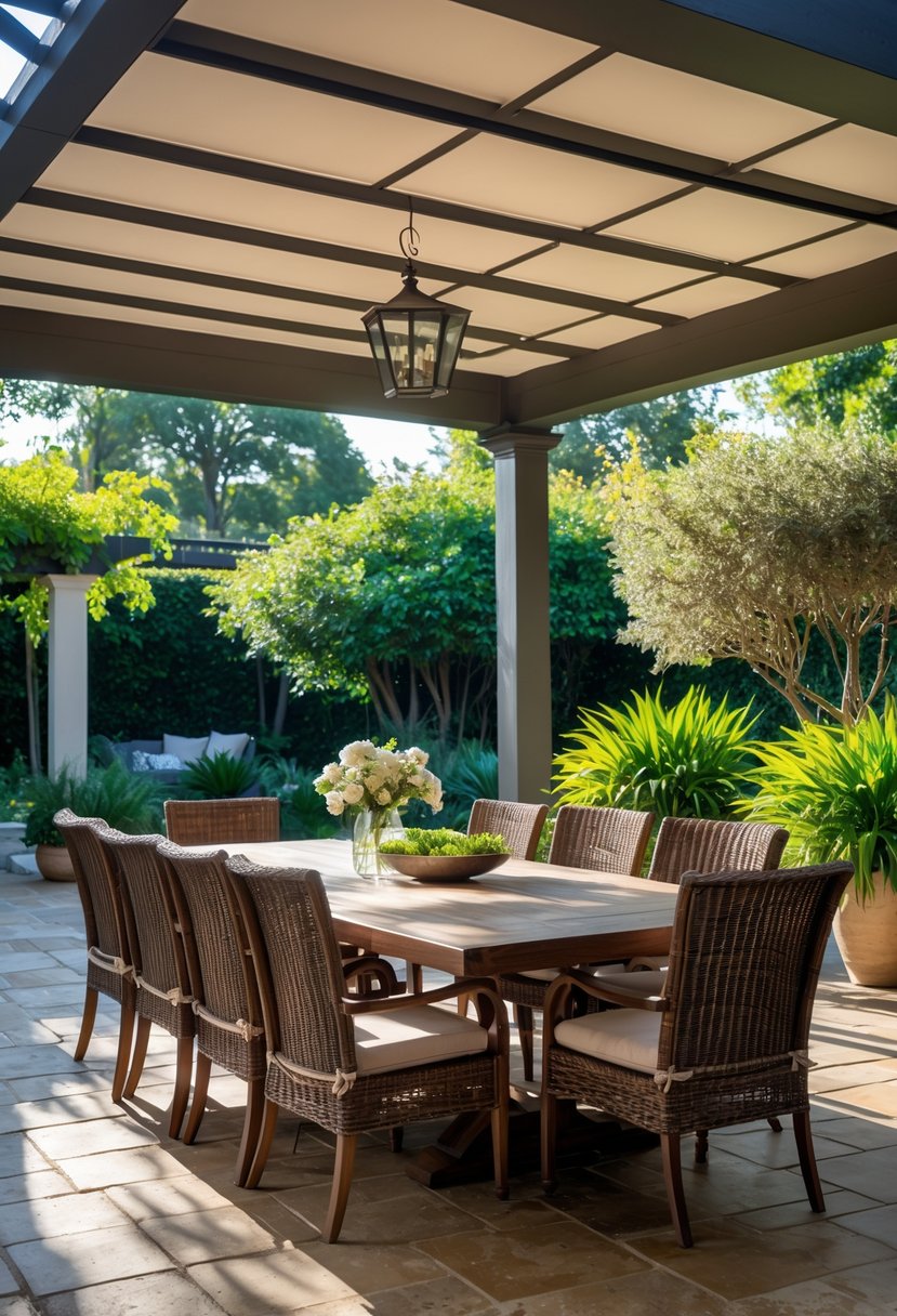 A shaded outdoor dining area with a large table and sixteen wicker chairs on a covered patio surrounded by plants.