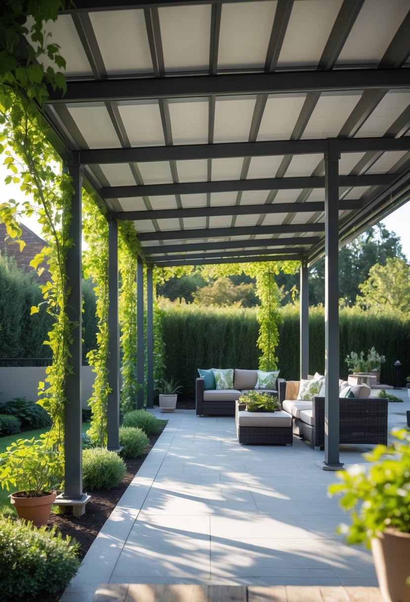 Outdoor patio with a metal frame cover wrapped in climbing vines, featuring seating and plants under natural daylight.