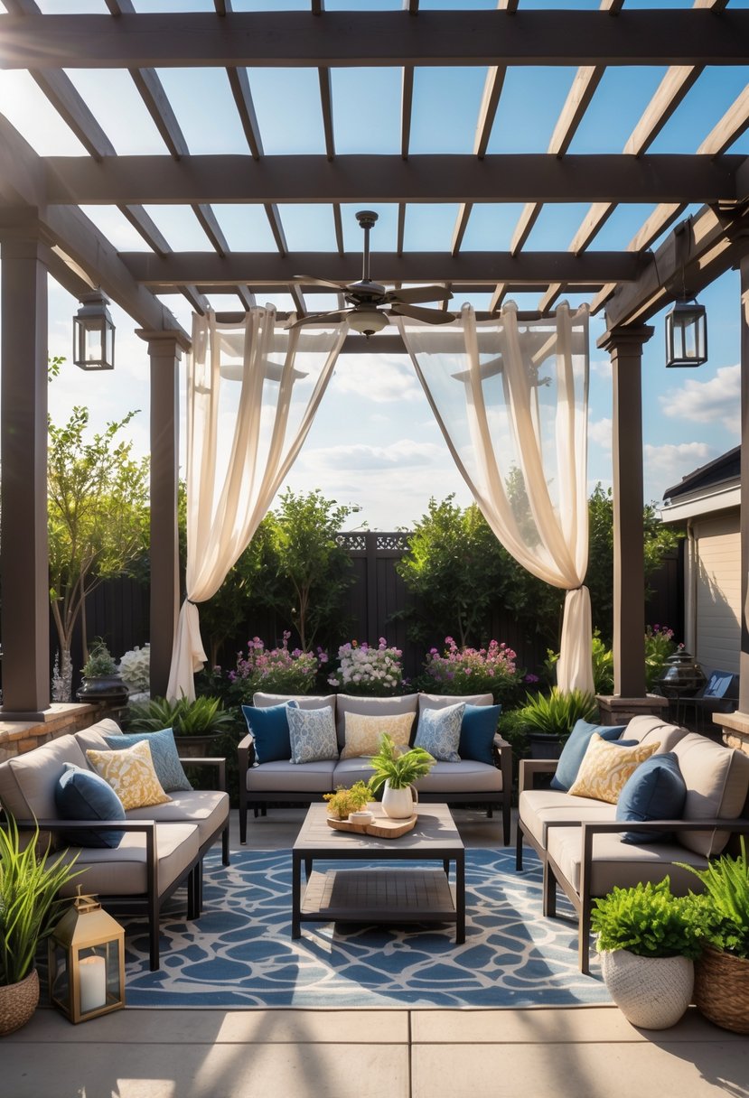 A covered outdoor patio with comfortable seating, plants, and decorative lighting overlooking a garden.
