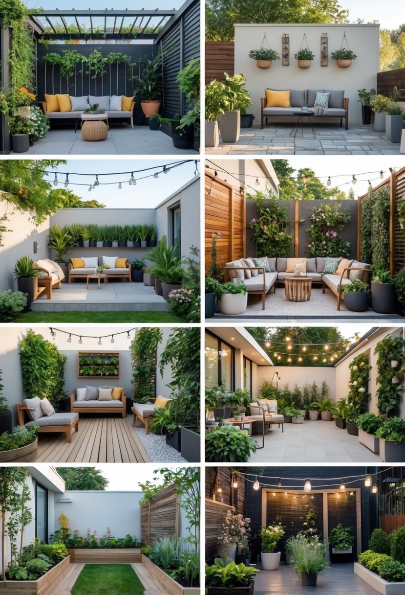 A variety of apartment patios featuring diverse garden setups with plants, flowers, seating areas, and decorative elements.