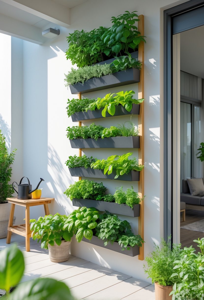 Apartment patio with vertical wall planters filled with various fresh green herbs.