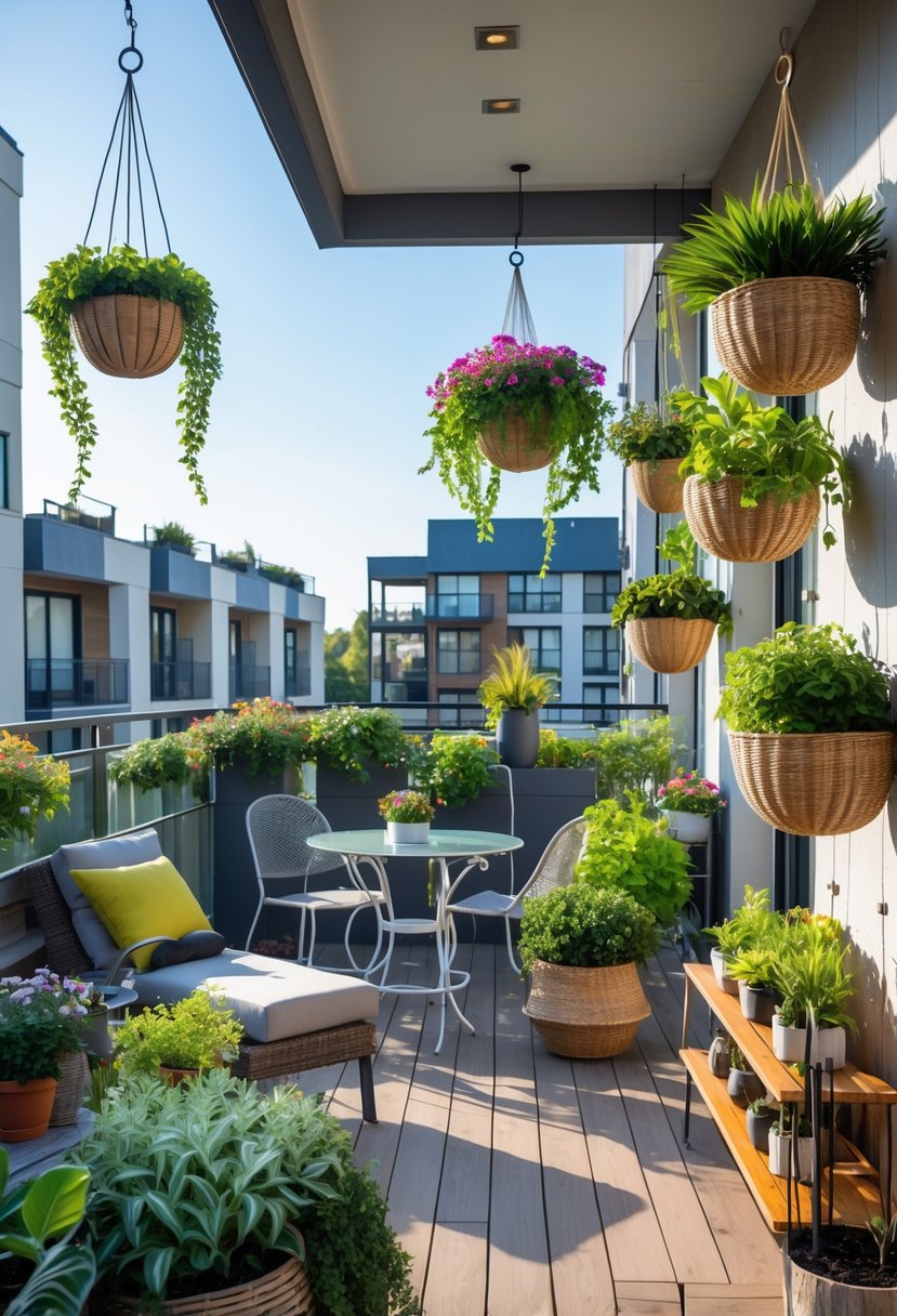 Apartment patio with multiple hanging baskets filled with green plants and colorful flowers arranged at different heights.