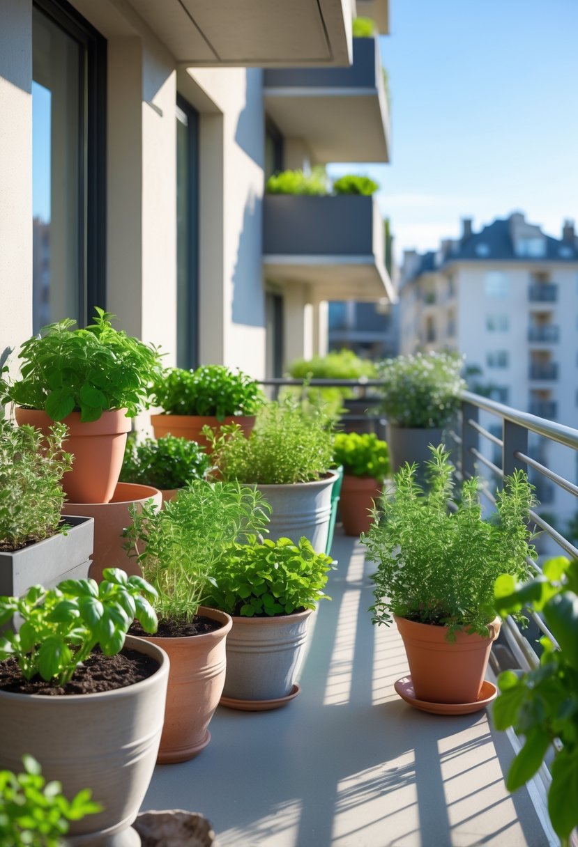 Apartment balcony railing with various herb containers and green plants arranged as a patio garden.