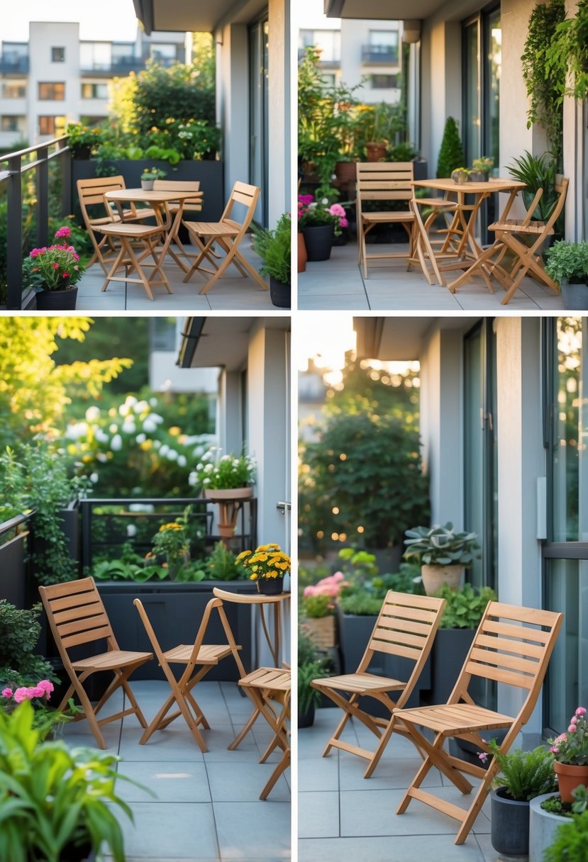 Multiple small apartment patios and garden spaces with foldable outdoor furniture sets, plants, and greenery.