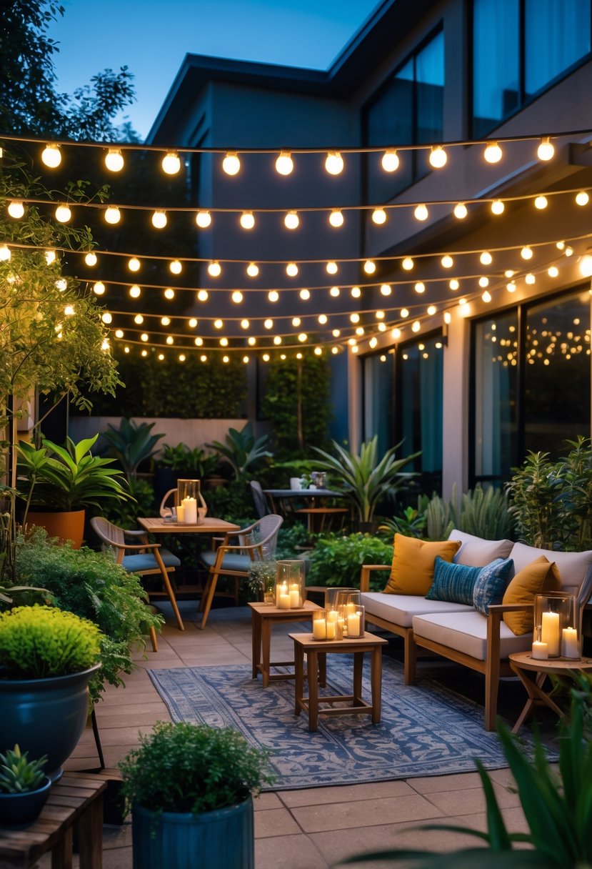 Apartment patio garden at dusk with solar-powered string lights hanging overhead, surrounded by plants and outdoor seating.