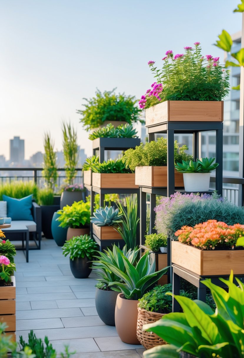 Apartment patio garden with several multi-tier plant stands holding various green plants and flowers, outdoor furniture, and a city view in the background.