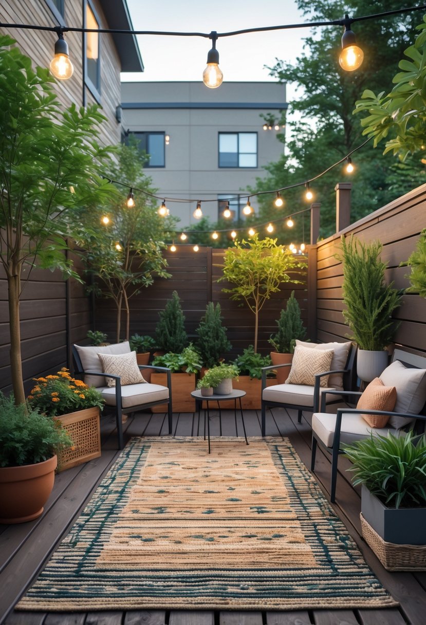 An apartment patio garden with multiple outdoor rugs, potted plants, seating, and decorative lighting creating a cozy outdoor space.