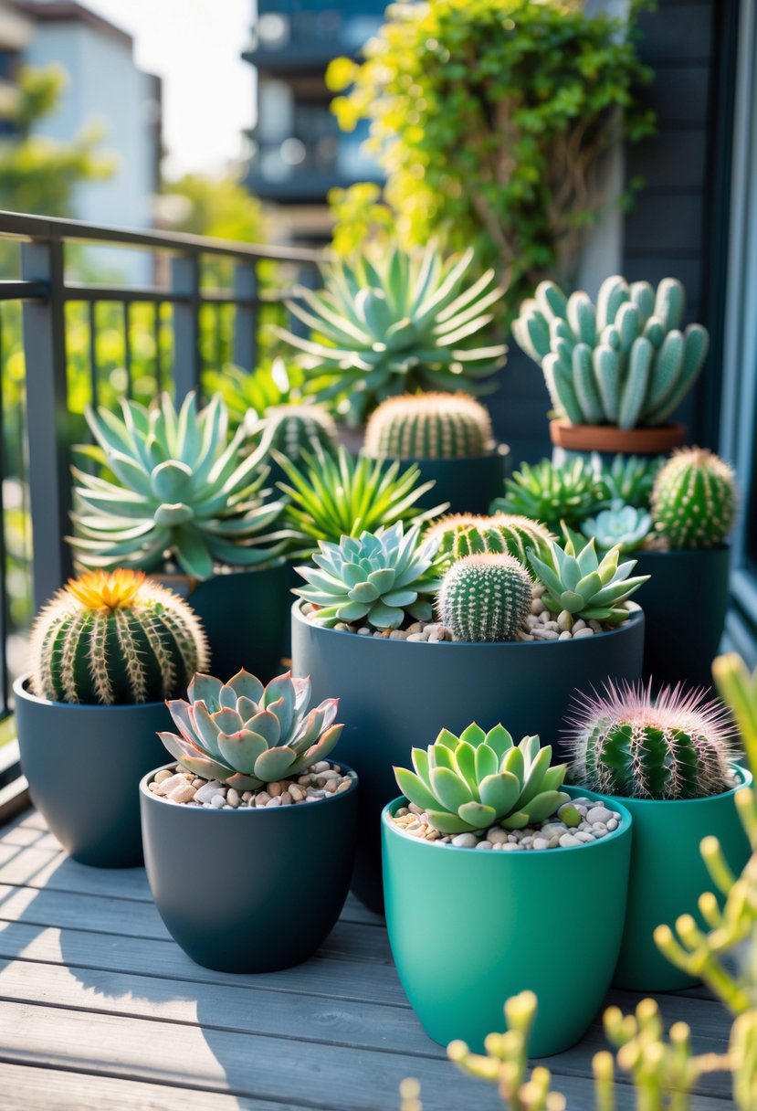 A small apartment patio with various pots of succulents and cacti arranged neatly on the outdoor space.