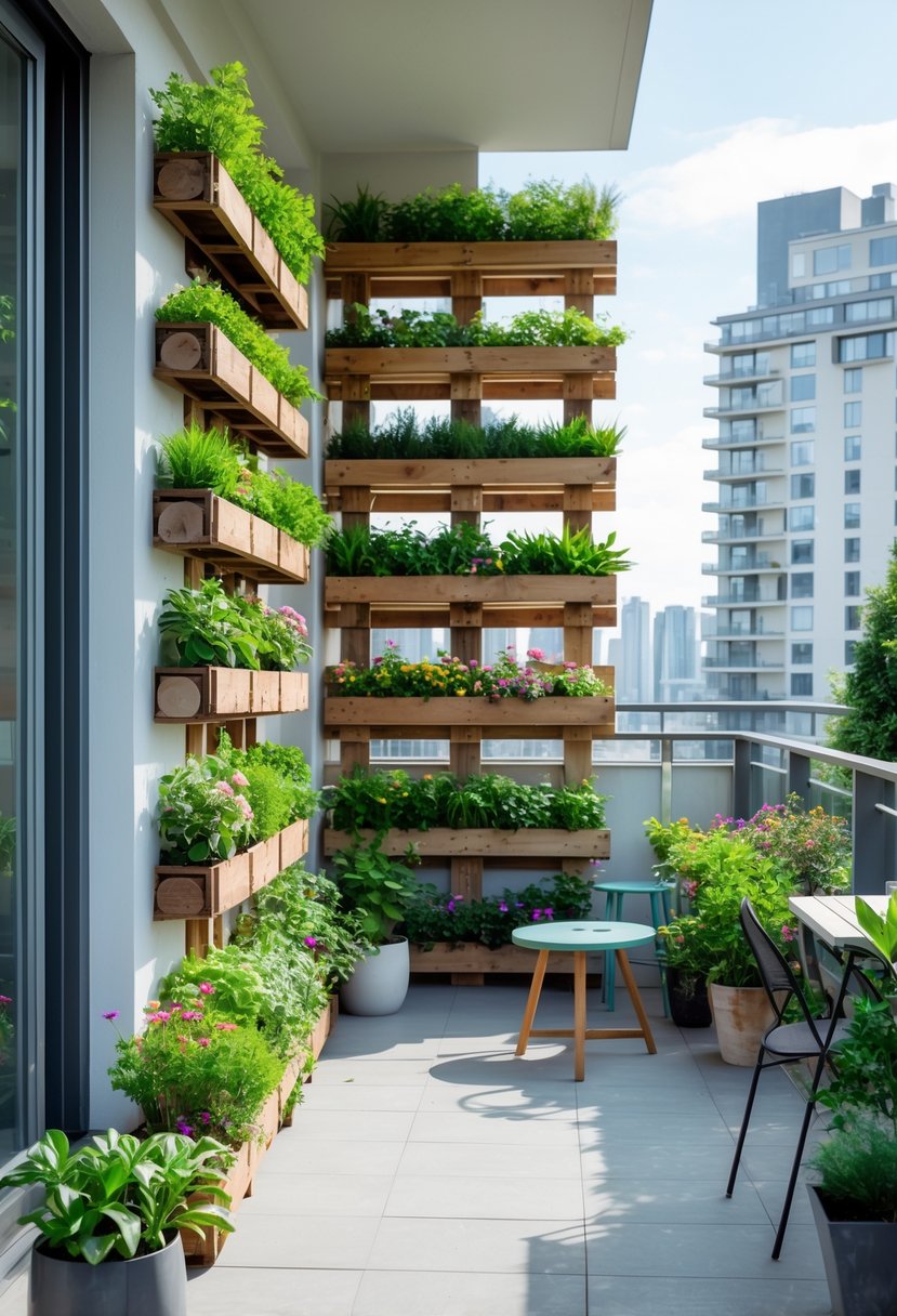 Apartment patio with vertical wooden pallet gardens filled with green plants and flowers, outdoor furniture, and city buildings in the background.