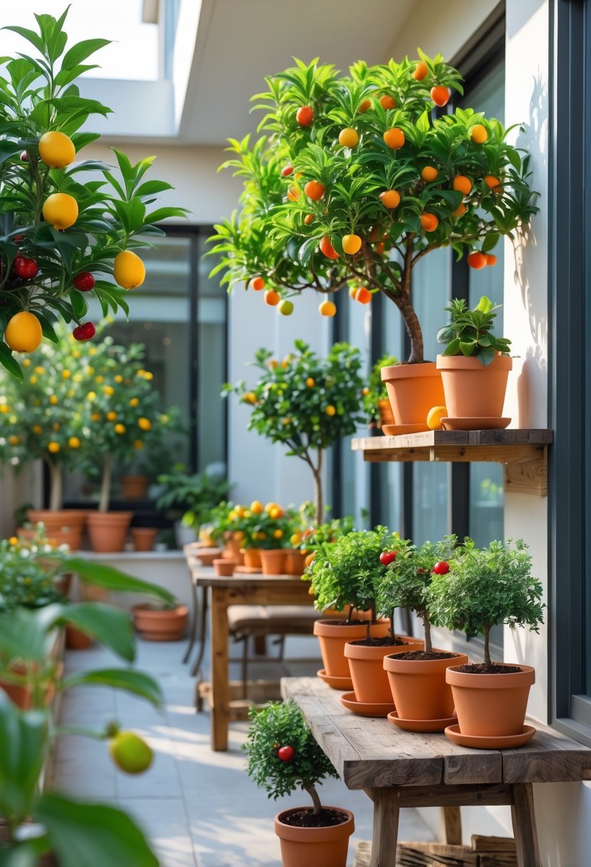 Miniature fruit trees in small pots arranged on an apartment patio with wooden shelves and outdoor furniture.