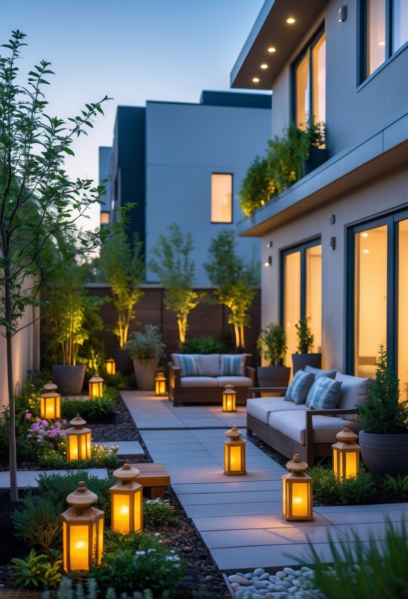 Apartment patio garden with multiple decorative lanterns, green plants, and outdoor seating illuminated by warm lights in the evening.