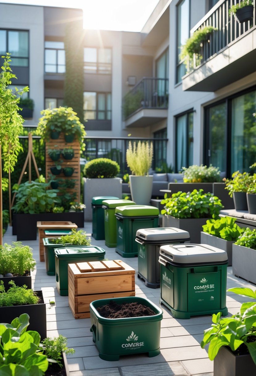 Compact compost bins arranged on an apartment patio surrounded by potted plants and garden containers with a modern building in the background.