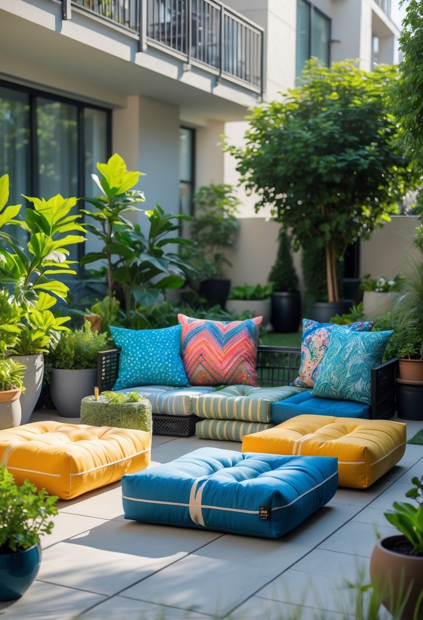 Apartment patio garden with colorful waterproof cushions on outdoor seating surrounded by green plants and decorative pots.