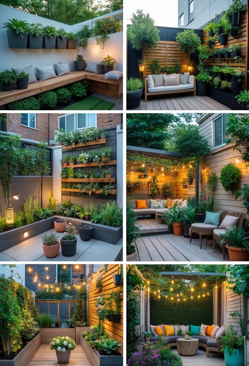 A collection of 15 different apartment patio garden setups featuring plants, seating areas, and decorative elements.
