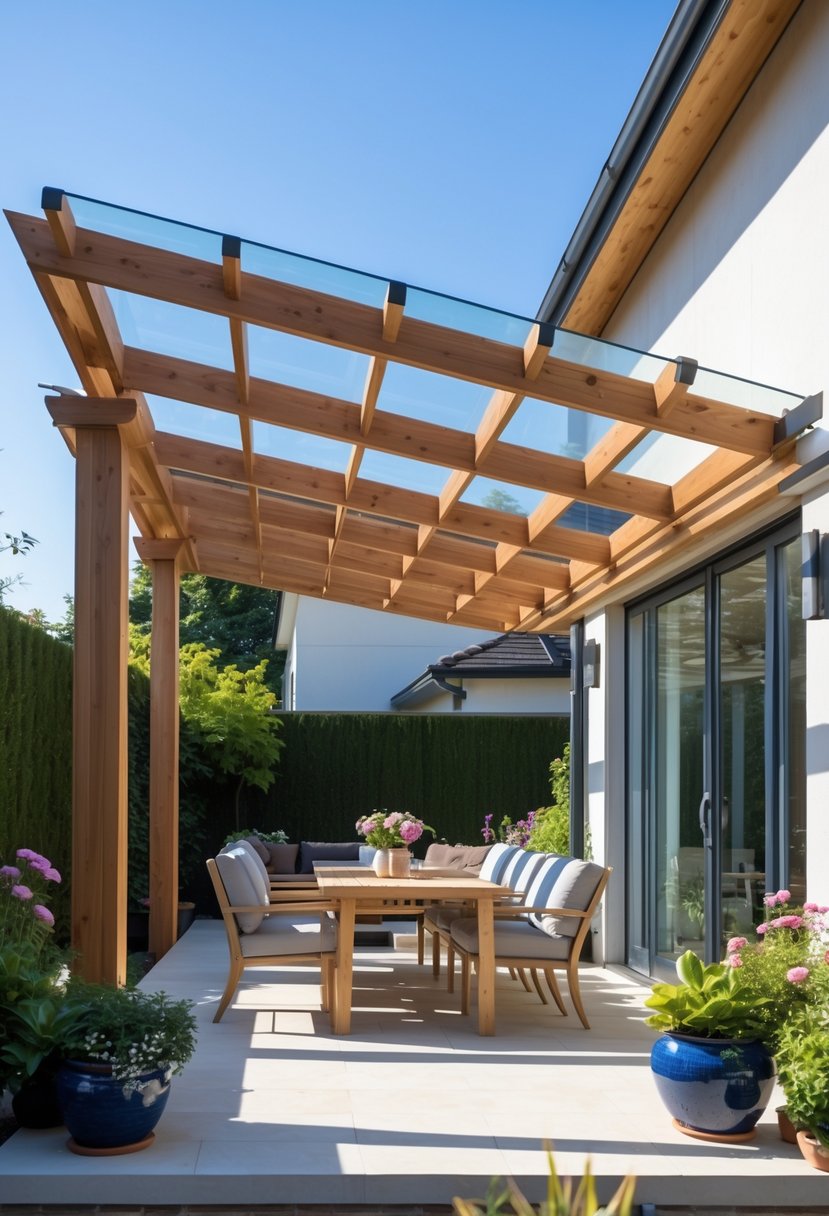 Outdoor patio with a wooden roof extension, comfortable seating, and plants around a modern house under a clear sky.