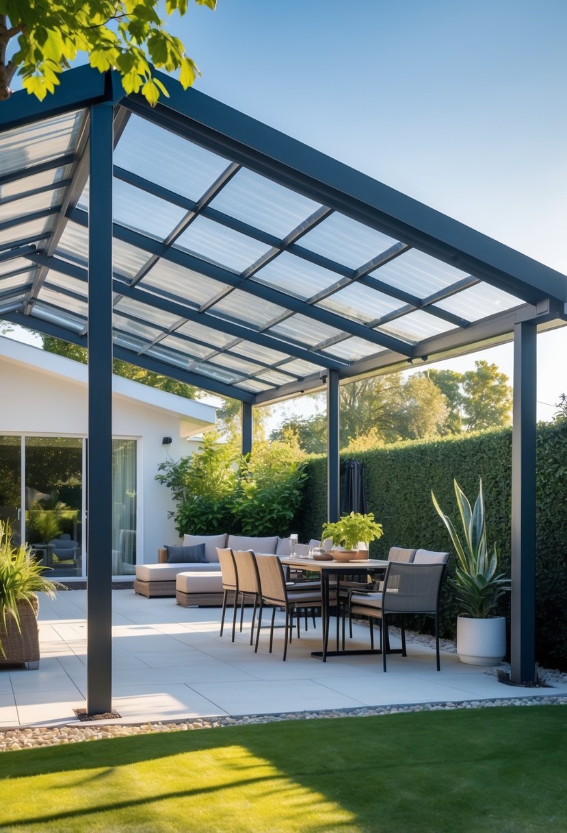 Backyard patio with a clear polycarbonate roof extension, outdoor furniture, and surrounding greenery.