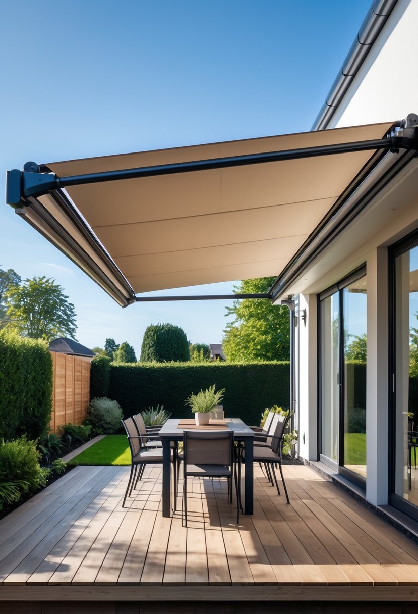Backyard patio with a retractable awning extended over outdoor furniture and plants on a sunny day.
