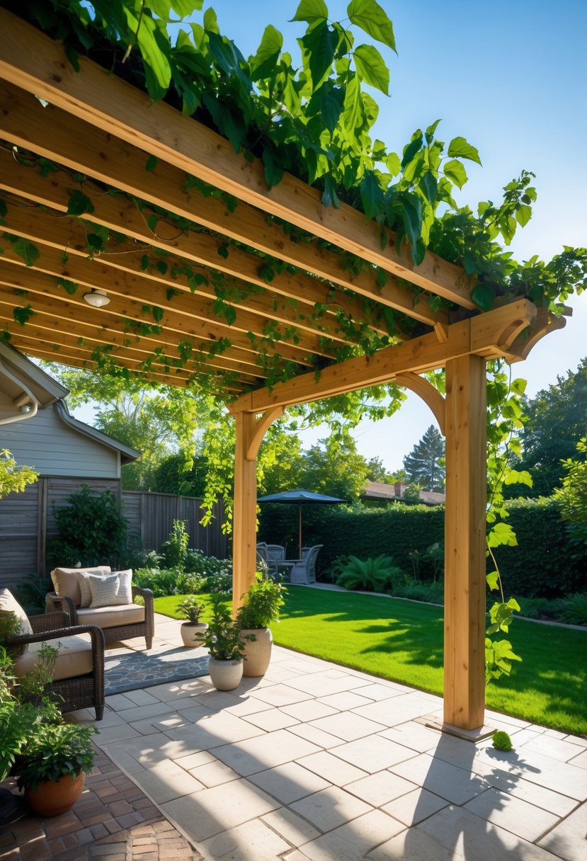 A wooden pergola covered with green vines over a patio with outdoor furniture and plants in a garden setting.