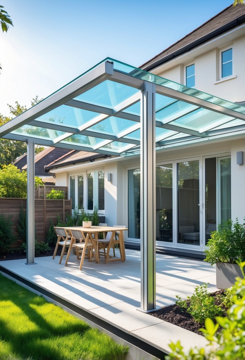 Outdoor patio with a glass roof supported by an aluminum frame, featuring garden plants and outdoor furniture.