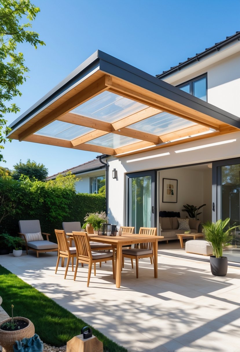 Backyard with a lean-to patio roof extension over an outdoor dining area surrounded by plants and garden.