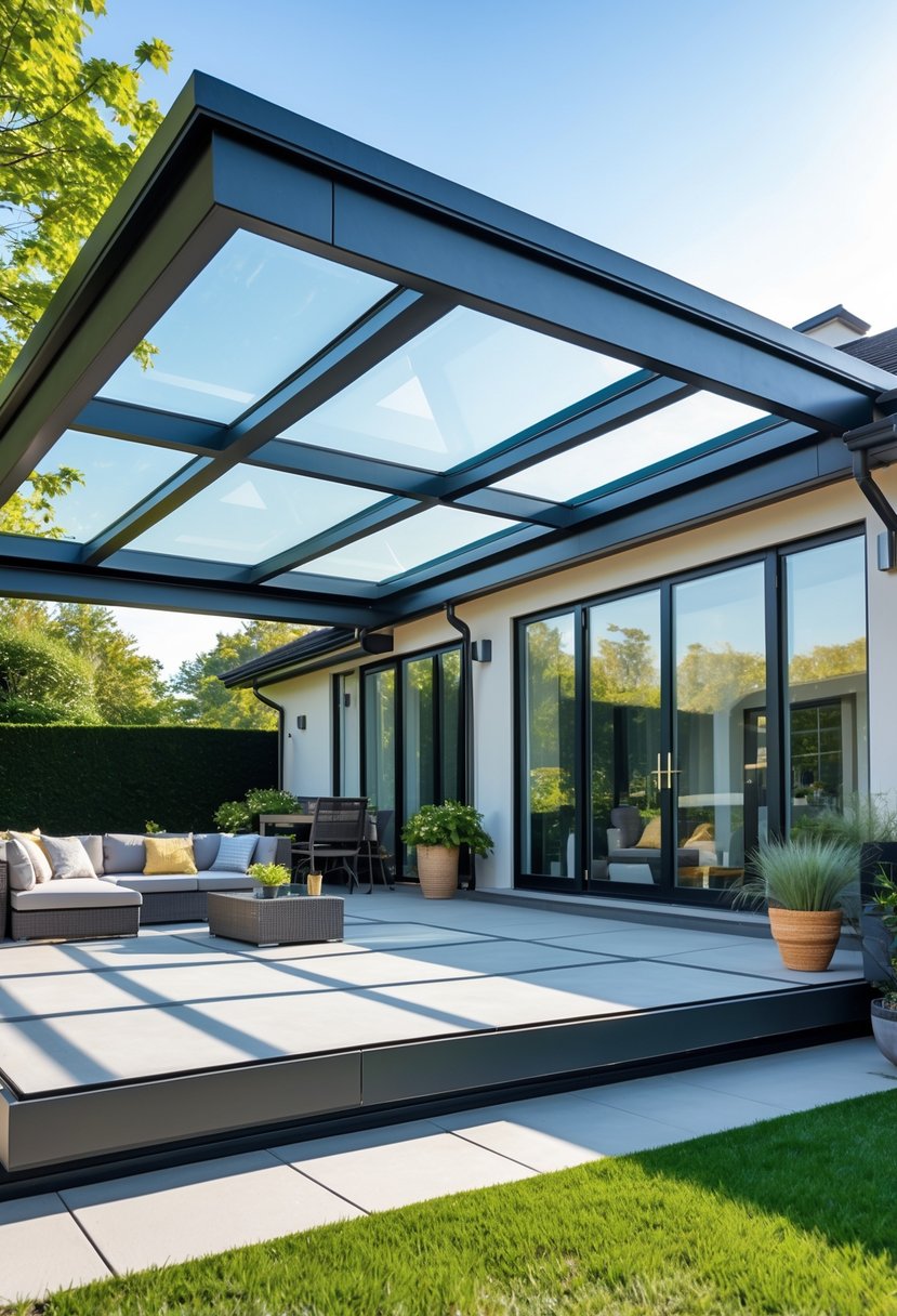 Outdoor patio with a flat roof extension featuring multiple skylights letting in sunlight, surrounded by plants and outdoor furniture.