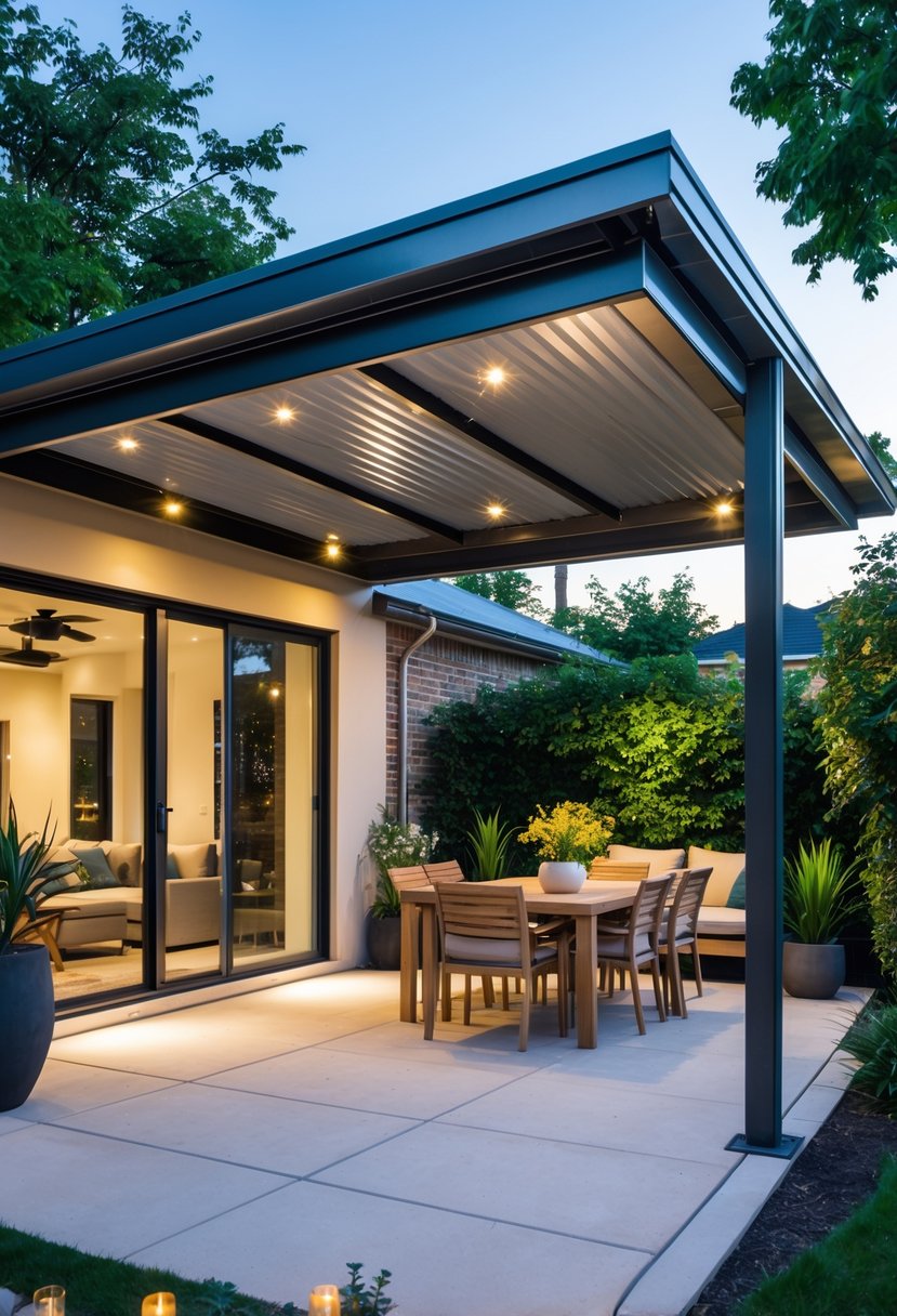 Backyard patio with a metal panel roof extension, outdoor furniture, and surrounding garden plants.