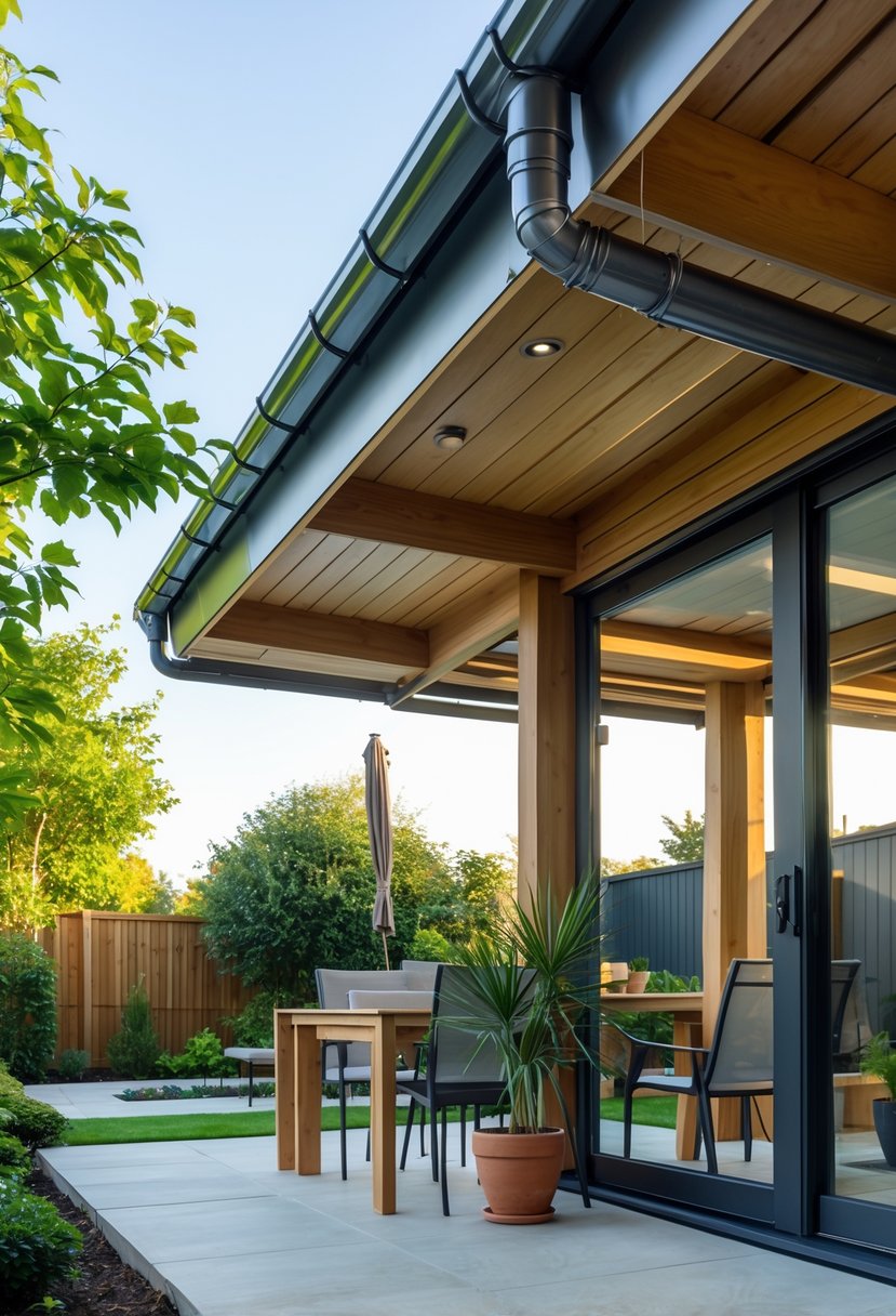 Outdoor patio with a sloped roof extension and rain gutters, featuring wooden beams, outdoor furniture, and surrounding greenery under a clear sky.