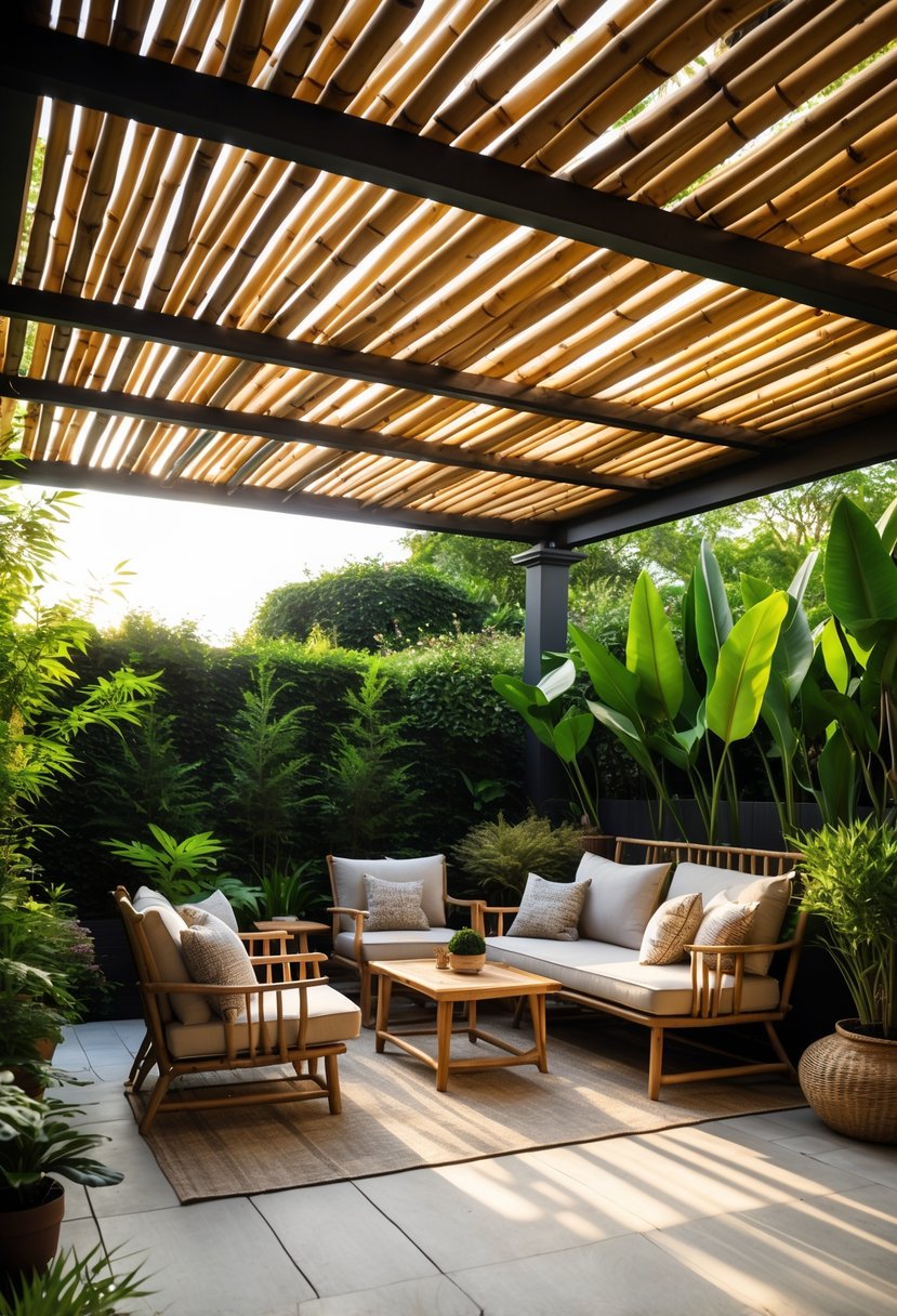 Outdoor patio with a bamboo roof cover shading a seating area surrounded by plants.
