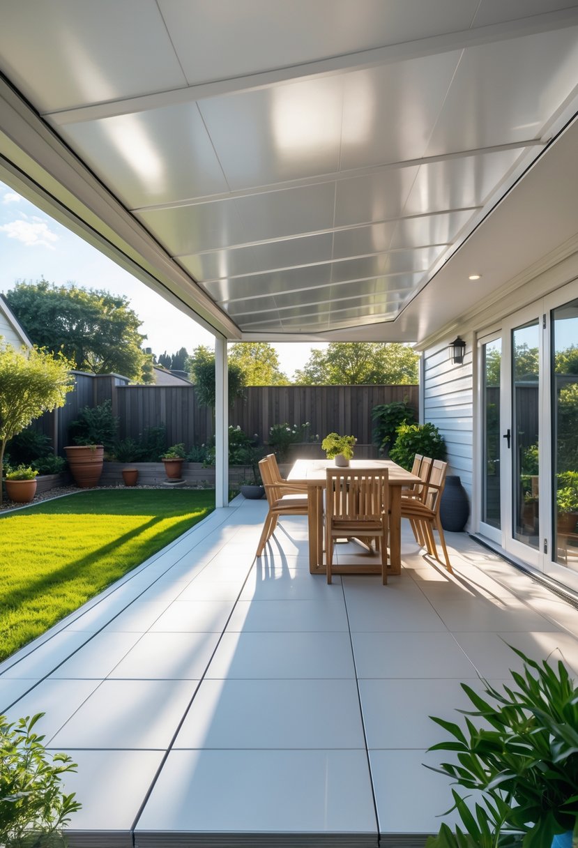 Backyard patio with a vinyl roof extension attached to a house, featuring outdoor furniture and plants under a clear sky.