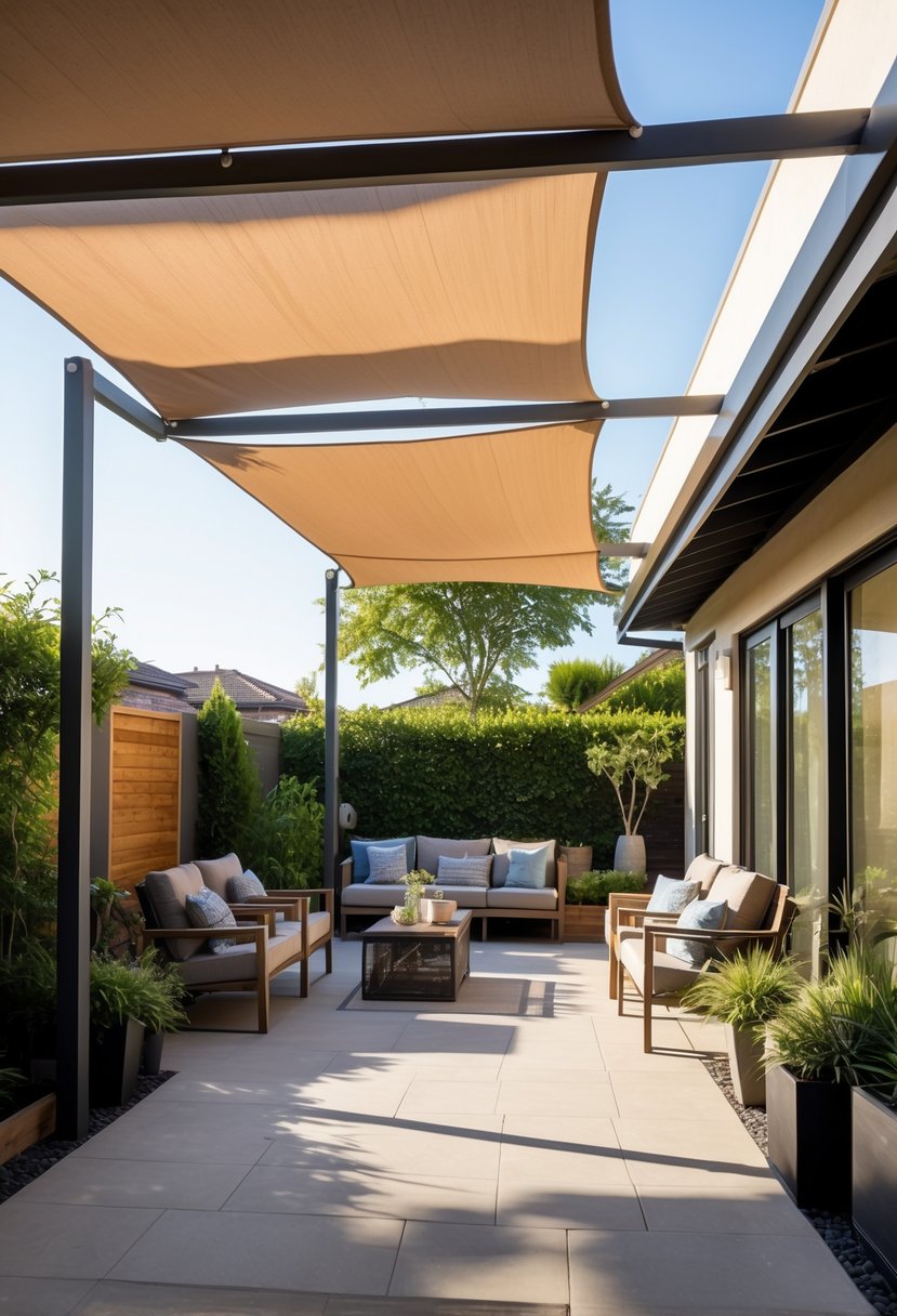Backyard patio with a shade sail stretched over a seating area surrounded by plants and trees.