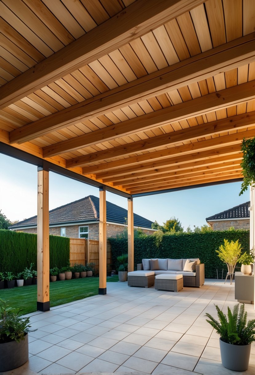 Outdoor patio with a wooden timber frame roof extension attached to a house, featuring outdoor furniture and plants.