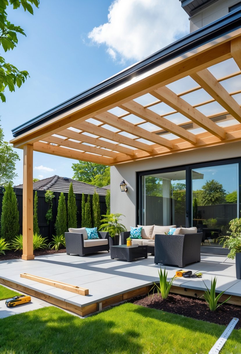 A backyard patio with a wooden roof extension, outdoor furniture, plants, and tools nearby.